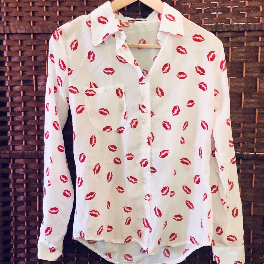 Red Lips Button Blouse, Silky Fabric material.